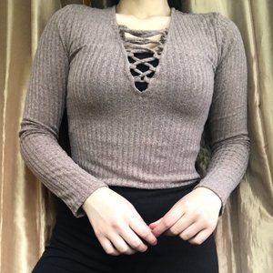 Forever 21 Marled Brown Knit V Neck Bodysuit